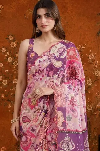 Multicolor paisley mirror work satin saree