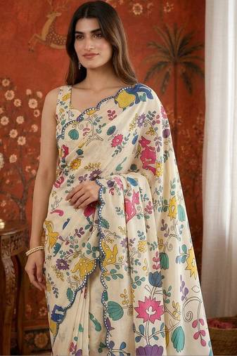 Off white kalamkari mirror work satin saree