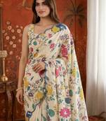 Off white kalamkari mirror work satin saree