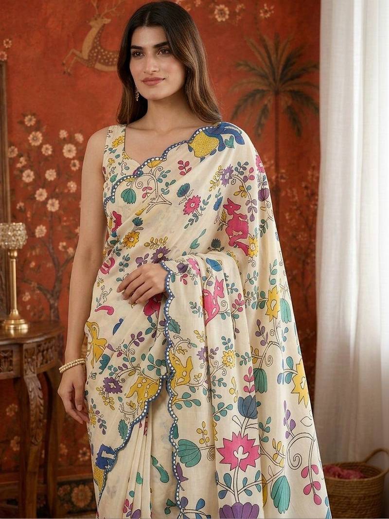 Off white kalamkari mirror work satin saree