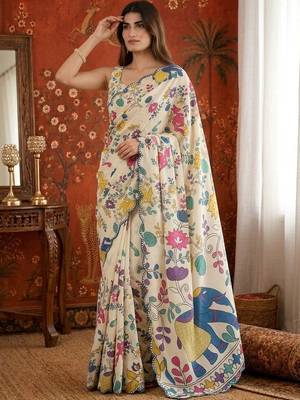 Off white kalamkari mirror work satin saree 2