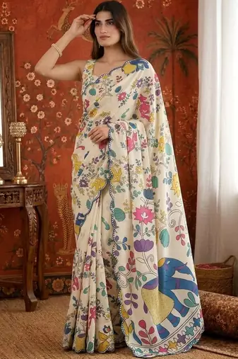 Off white kalamkari mirror work satin saree