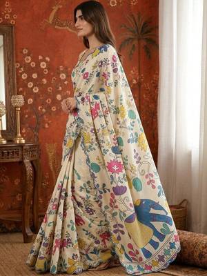 Off white kalamkari mirror work satin saree 3