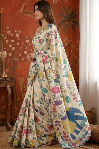 Off white kalamkari mirror work satin saree