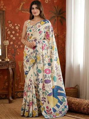 Off white kalamkari mirror work satin saree 4