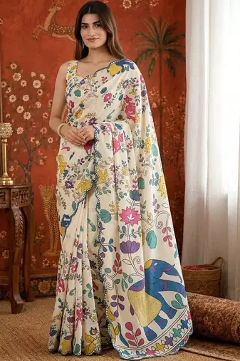 Off white kalamkari mirror work satin saree