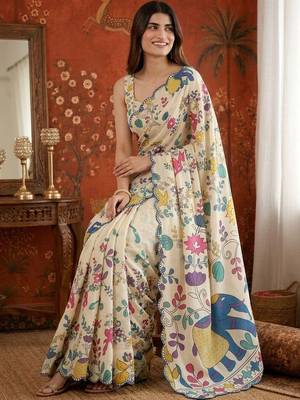 Off white kalamkari mirror work satin saree 5