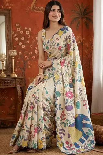 Off white kalamkari mirror work satin saree