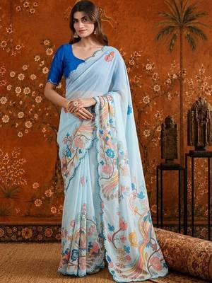 Blue floral mirror work satin saree 1