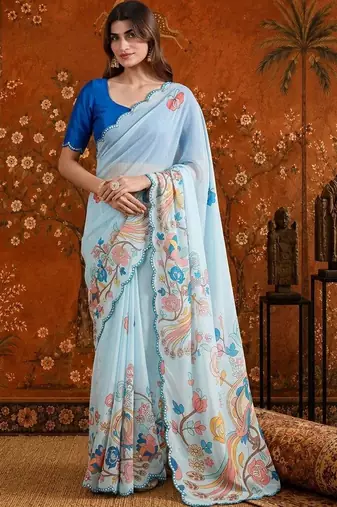 Blue floral mirror work satin saree