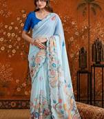 Blue floral mirror work satin saree