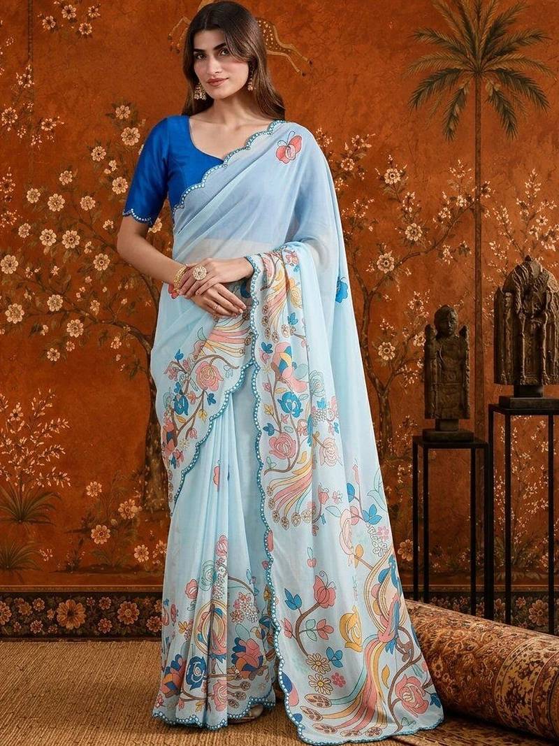 Blue floral mirror work satin saree