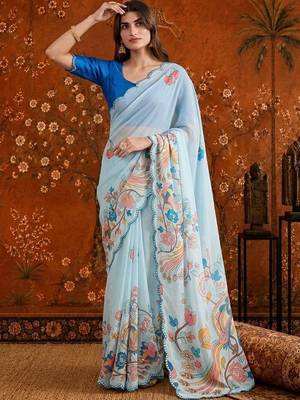 Blue floral mirror work satin saree 2