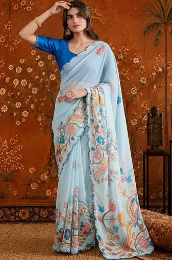 Blue floral mirror work satin saree