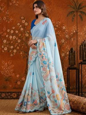 Blue floral mirror work satin saree 3