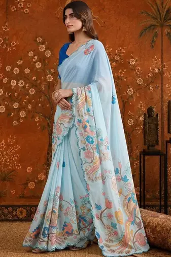 Blue floral mirror work satin saree