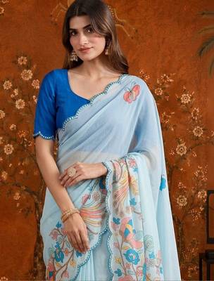 Blue floral mirror work satin saree 4