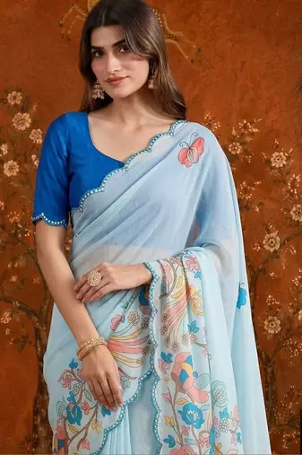 Blue floral mirror work satin saree