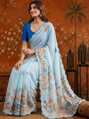 Blue floral mirror work satin saree 5