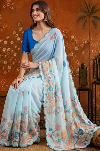 Blue floral mirror work satin saree