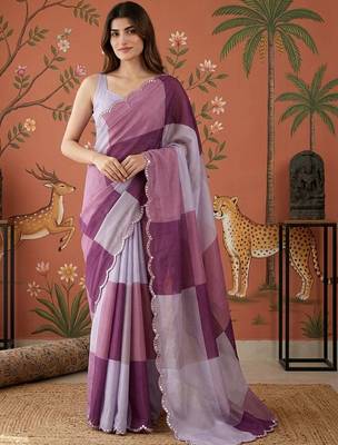 Purple checked mirror work satin saree 1