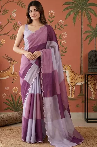 Purple checked mirror work satin saree