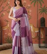 Purple checked mirror work satin saree
