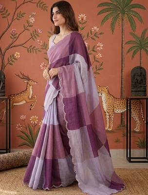 Purple checked mirror work satin saree 2