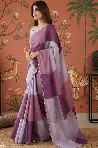 Purple checked mirror work satin saree