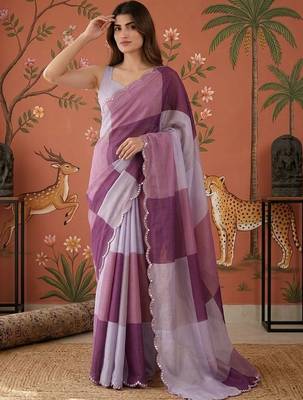 Purple checked mirror work satin saree 3
