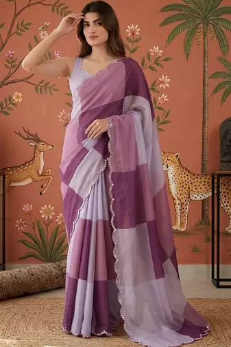 Purple checked mirror work satin saree