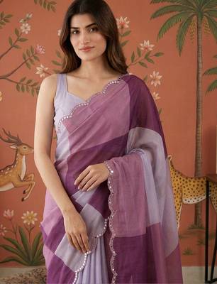 Purple checked mirror work satin saree 4