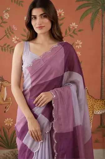 Purple checked mirror work satin saree