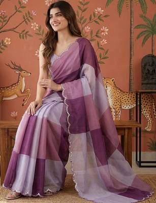 Purple checked mirror work satin saree 5