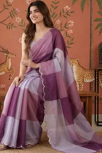 Purple checked mirror work satin saree