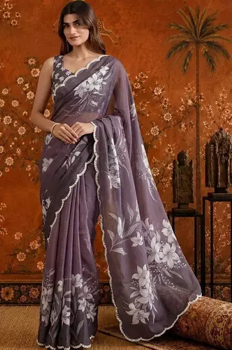 Purple colourblocked mirror work satin saree