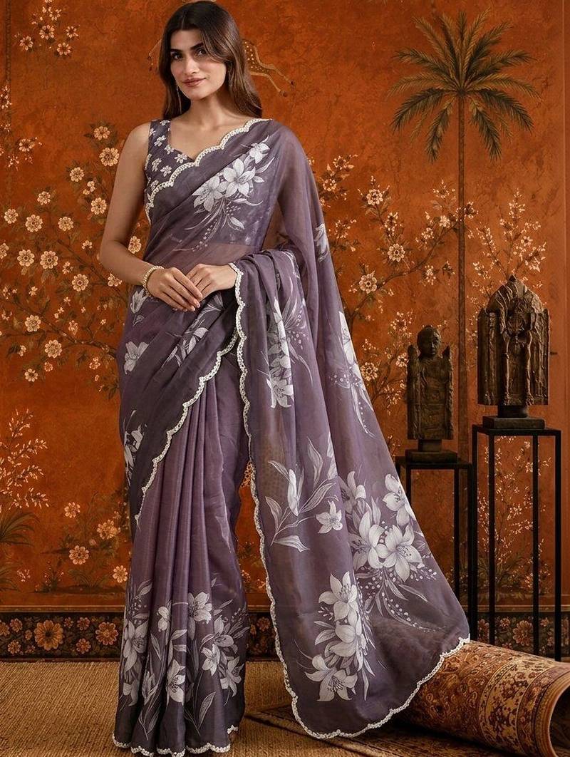 Purple colourblocked mirror work satin saree