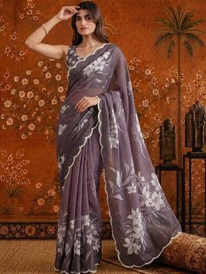 Purple colourblocked mirror work satin saree 2