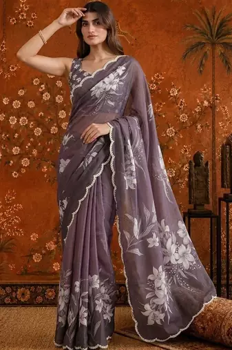 Purple colourblocked mirror work satin saree