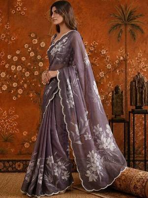Purple colourblocked mirror work satin saree 3
