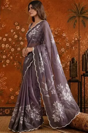 Purple colourblocked mirror work satin saree