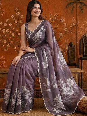 Purple colourblocked mirror work satin saree 4