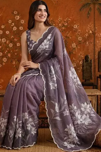 Purple colourblocked mirror work satin saree