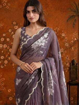 Purple colourblocked mirror work satin saree 5