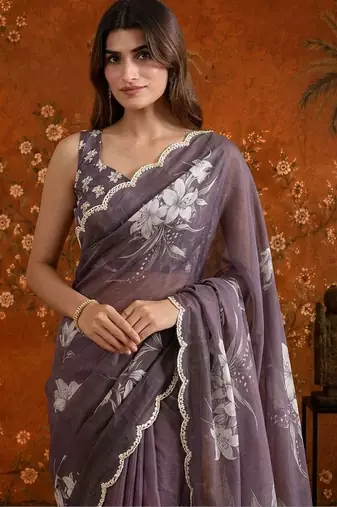 Purple colourblocked mirror work satin saree