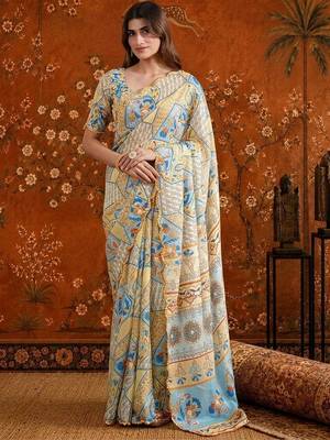 Multicolor floral beads and stones satin saree 1