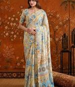 Multicolor floral beads and stones satin saree