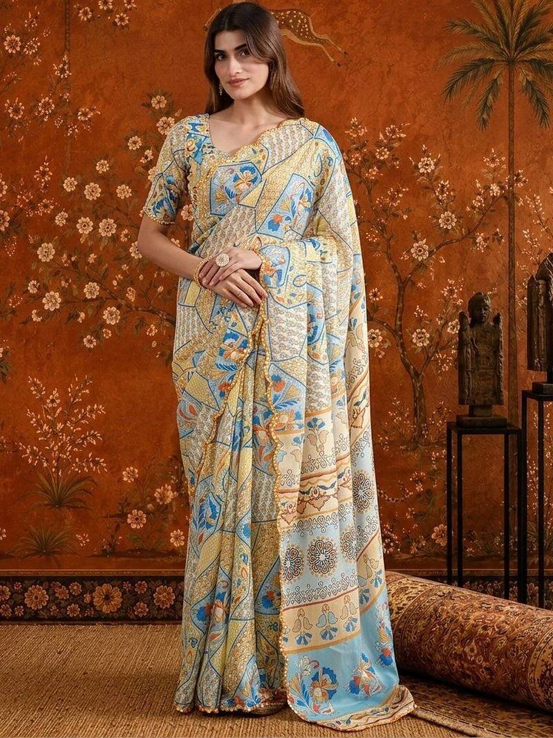 Multicolor floral beads and stones satin saree