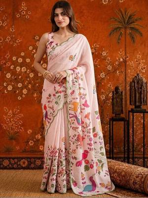 Pink floral mirror work satin saree 1