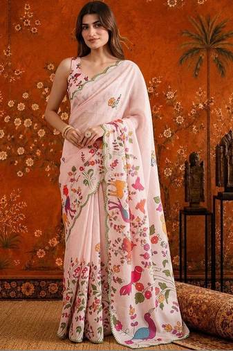 Pink floral mirror work satin saree
